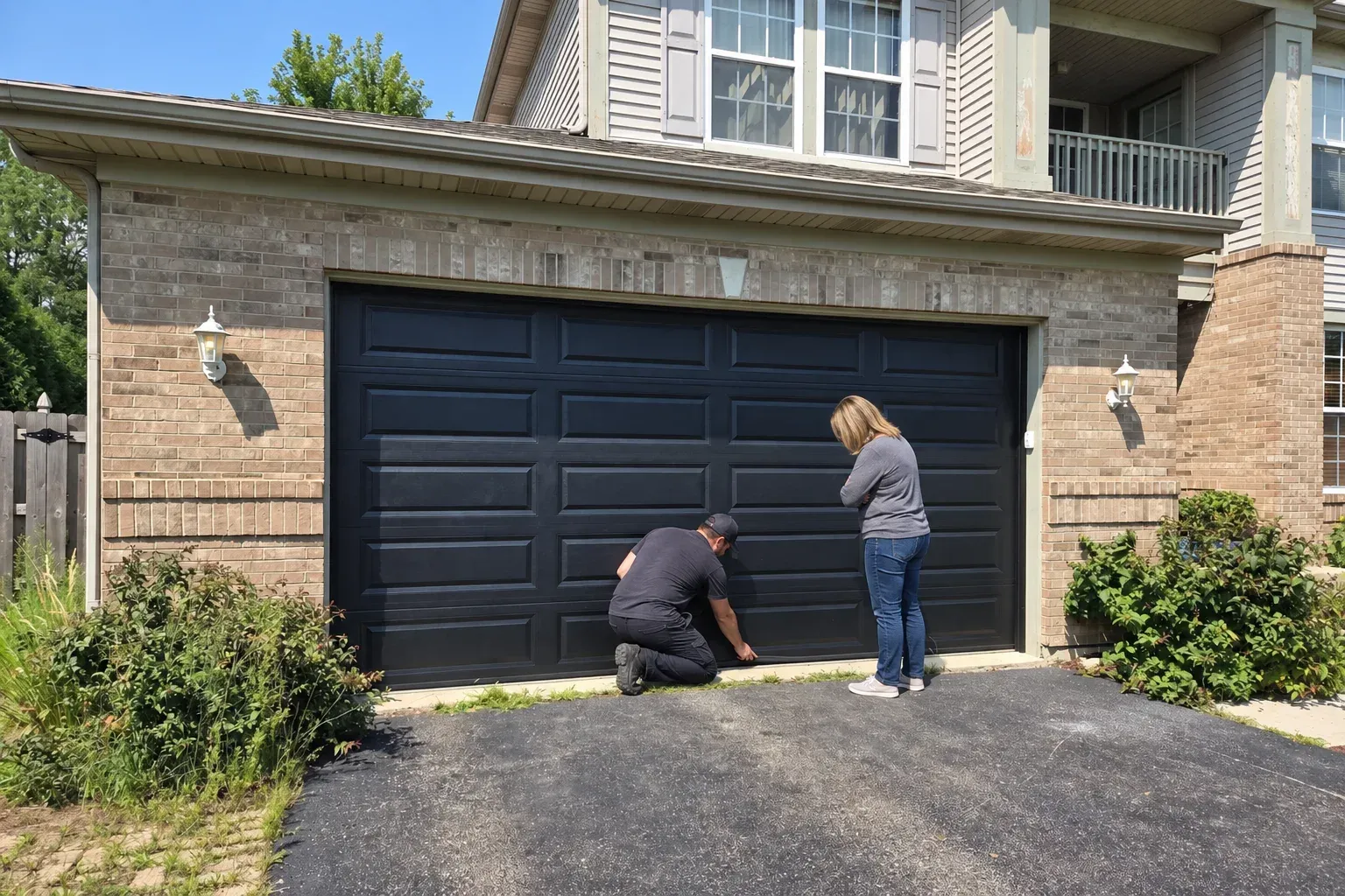 A technician checking the bottom seal of a garage door with the homeowner