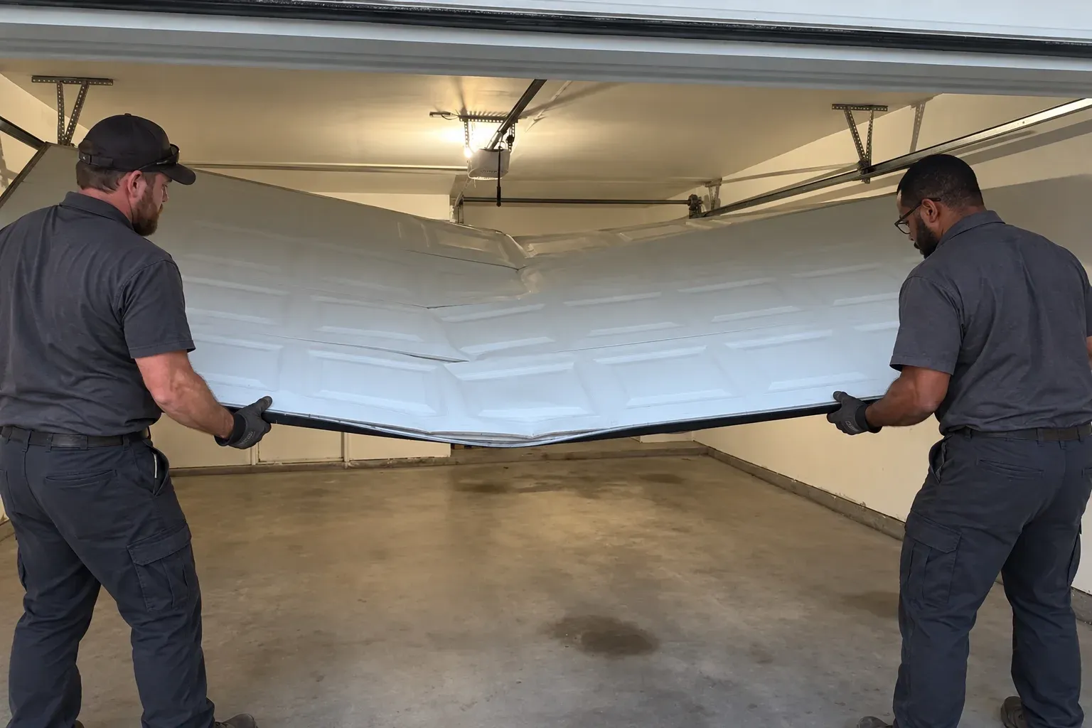 Two technicians lifting a damaged section out of a garage door