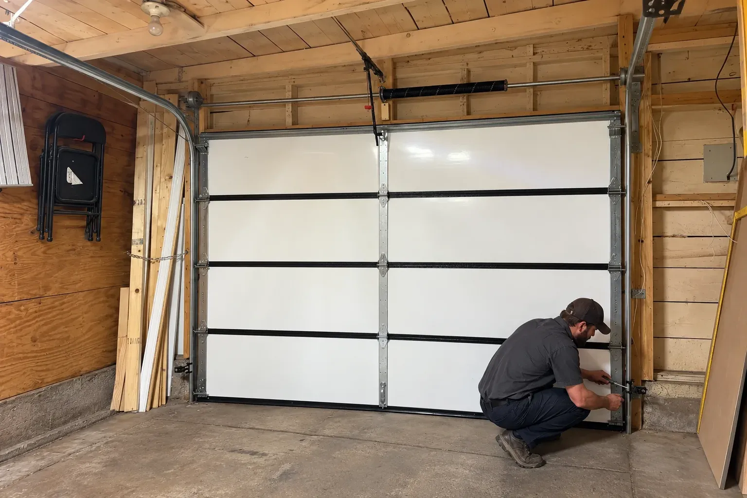 A technician crouched at the foot of a garage door track, adjusting the photo-eye sensor