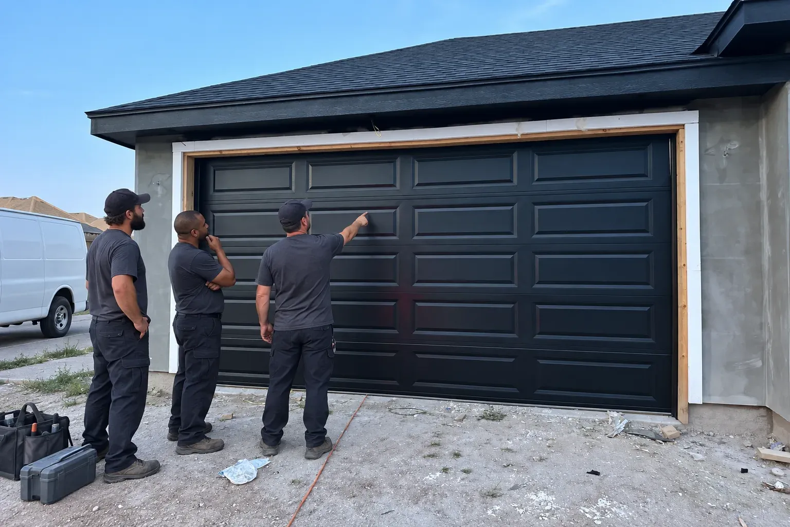 Three technicians beside a plain white van outside a house