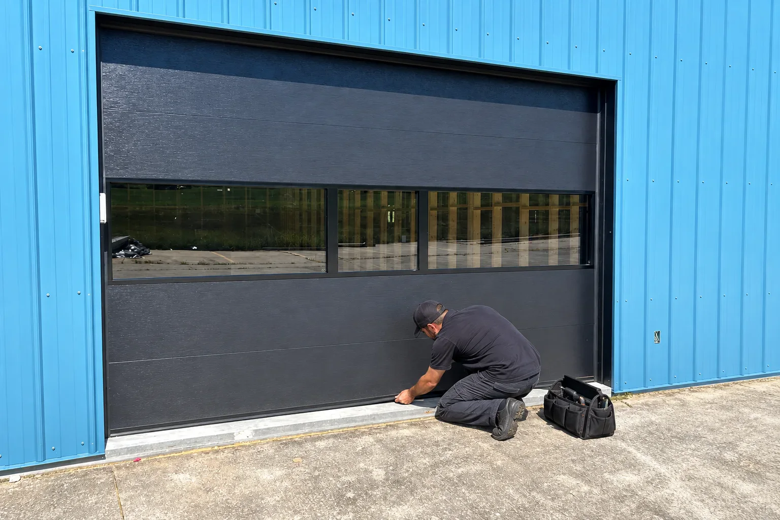 A technician checking the bottom seal of a commercial door