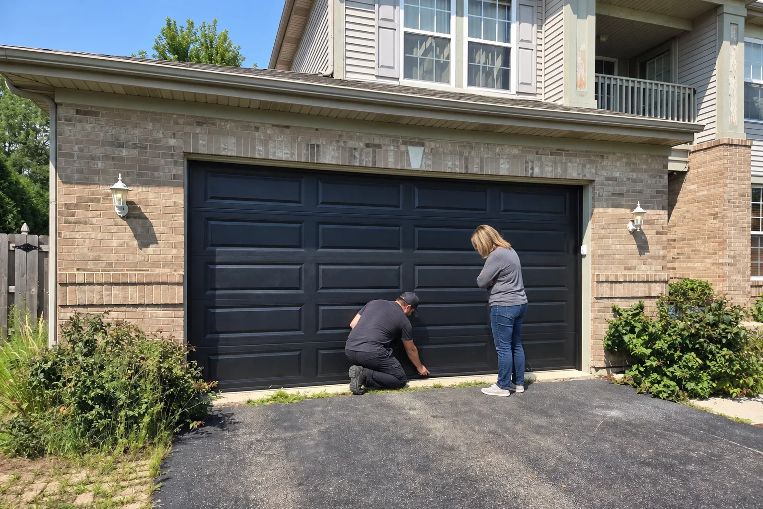 A technician checking the bottom seal of a garage door with the homeowner