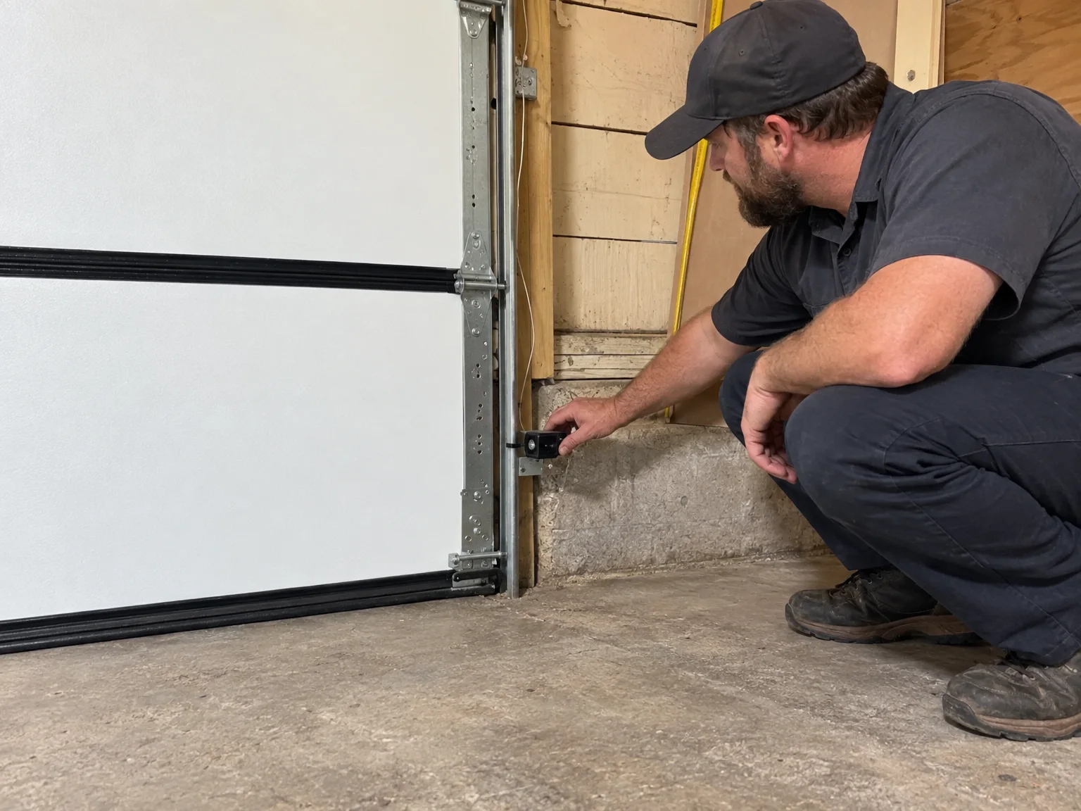A technician crouched at the foot of a garage door track, one hand on the photo-eye sensor, sighting across to the other one