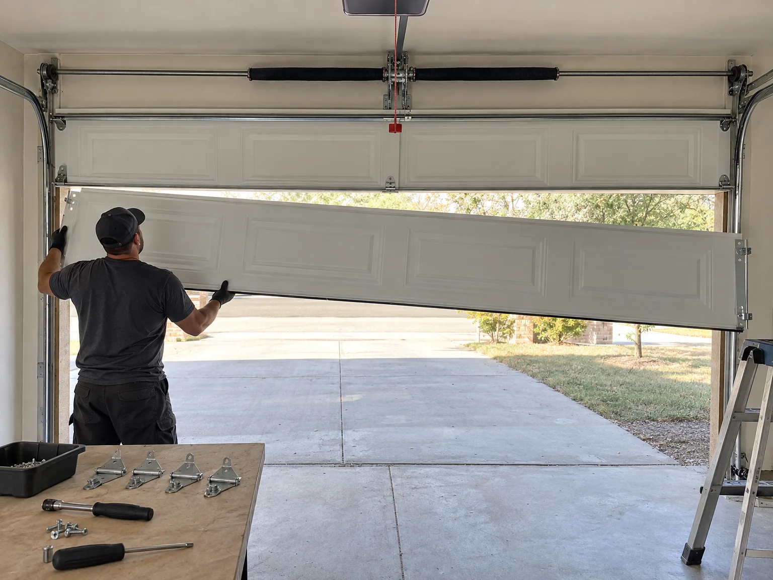 A technician fitting a new section into a garage door