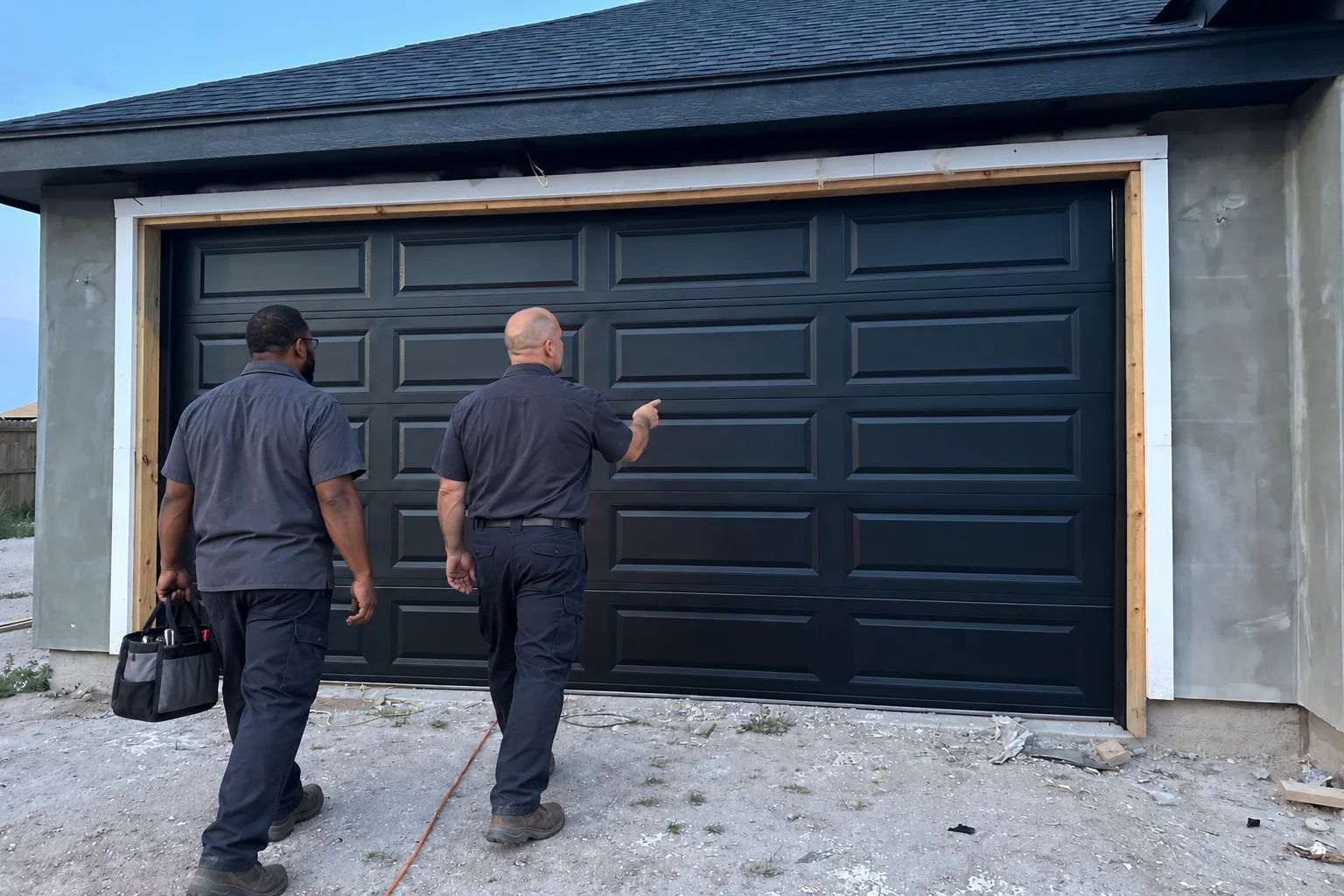 Two technicians walking up a driveway toward a garage door