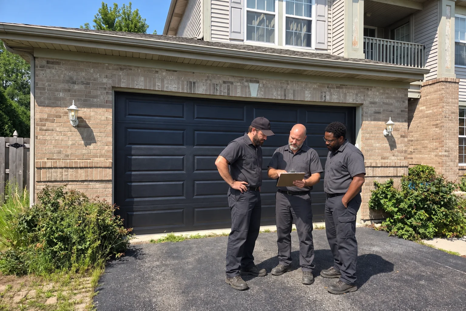 Three technicians on a driveway looking at a written estimate together