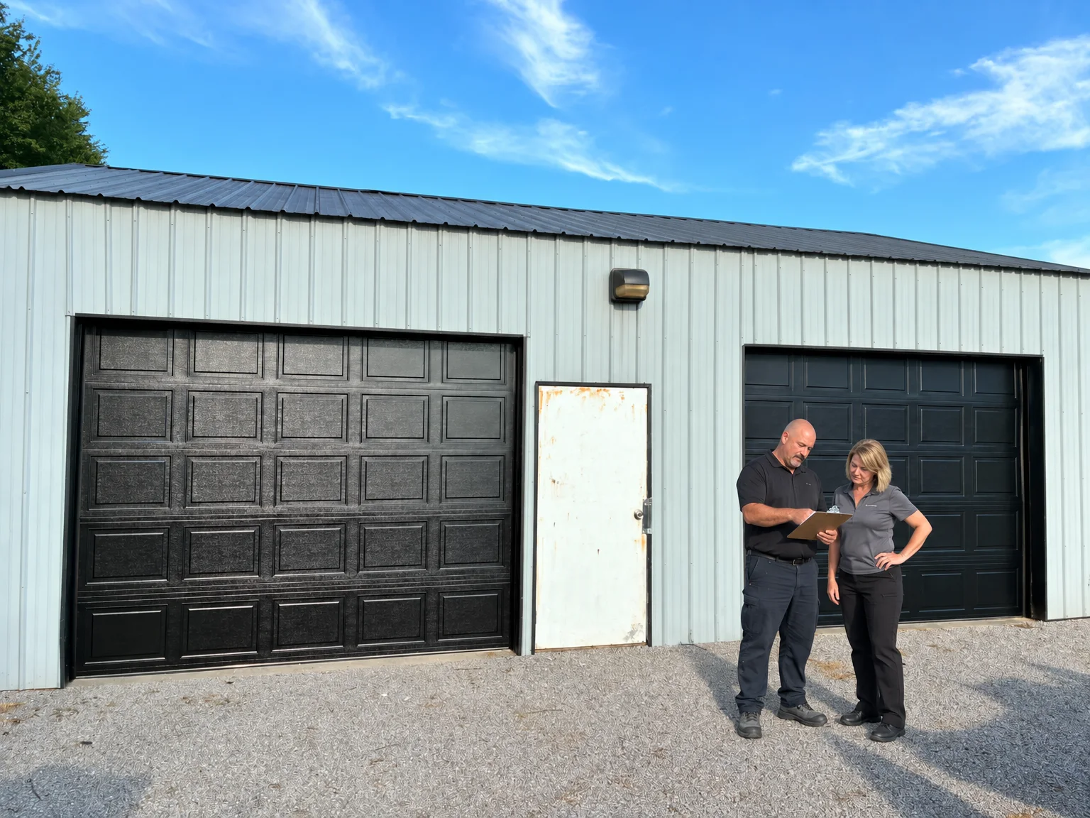 A technician showing a written estimate on a clipboard to a facility manager outside a commercial door