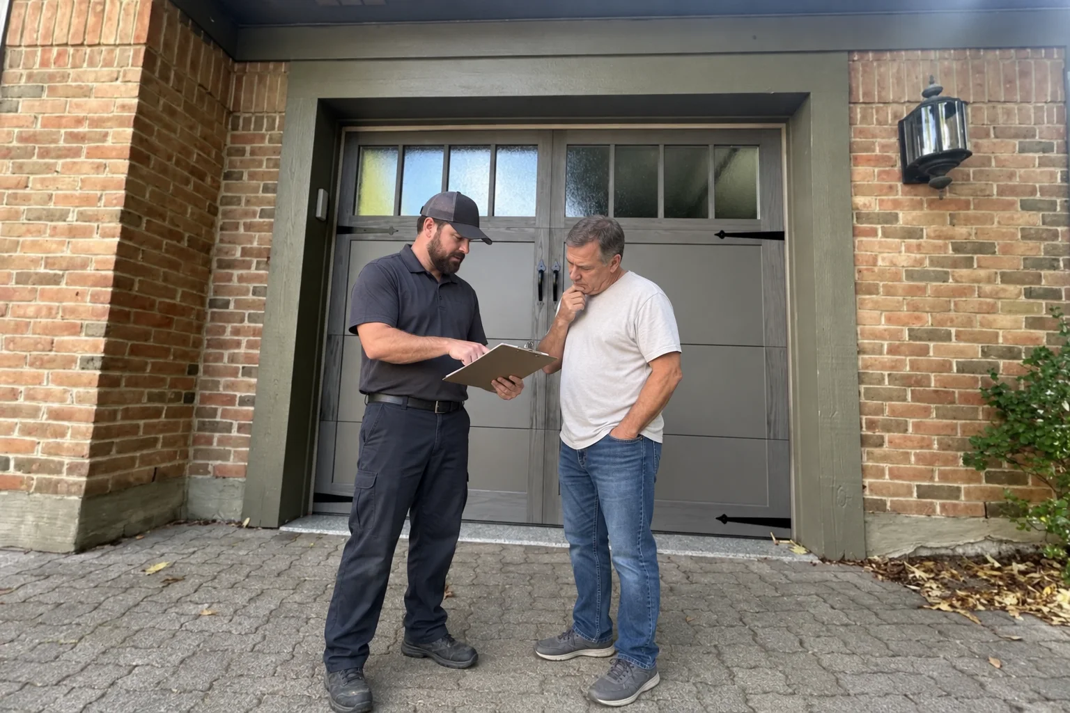 A technician showing a homeowner a written estimate on a clipboard