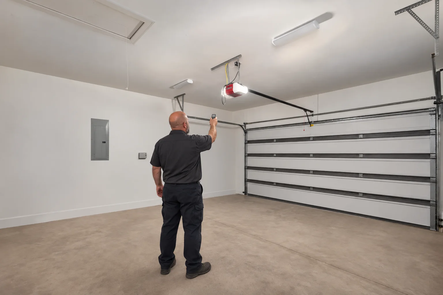 A technician inside a garage holding a remote up toward the garage door opener