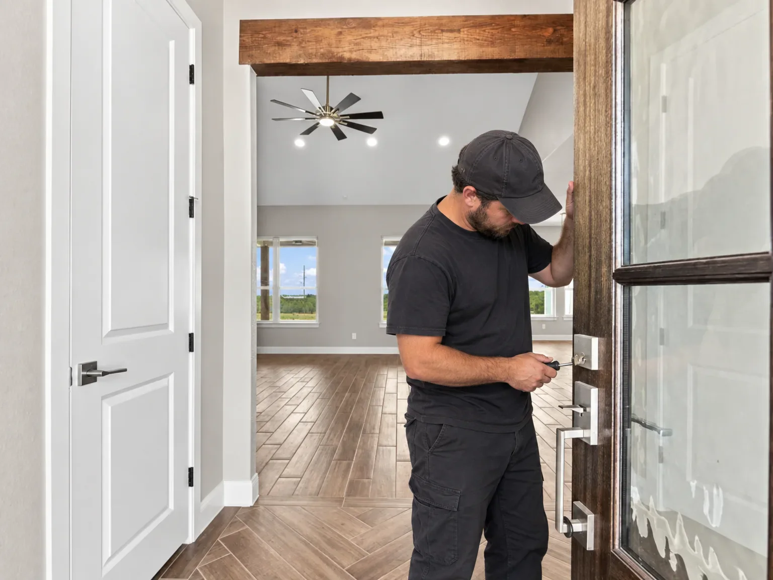 A technician tightening the deadbolt of an open entry door