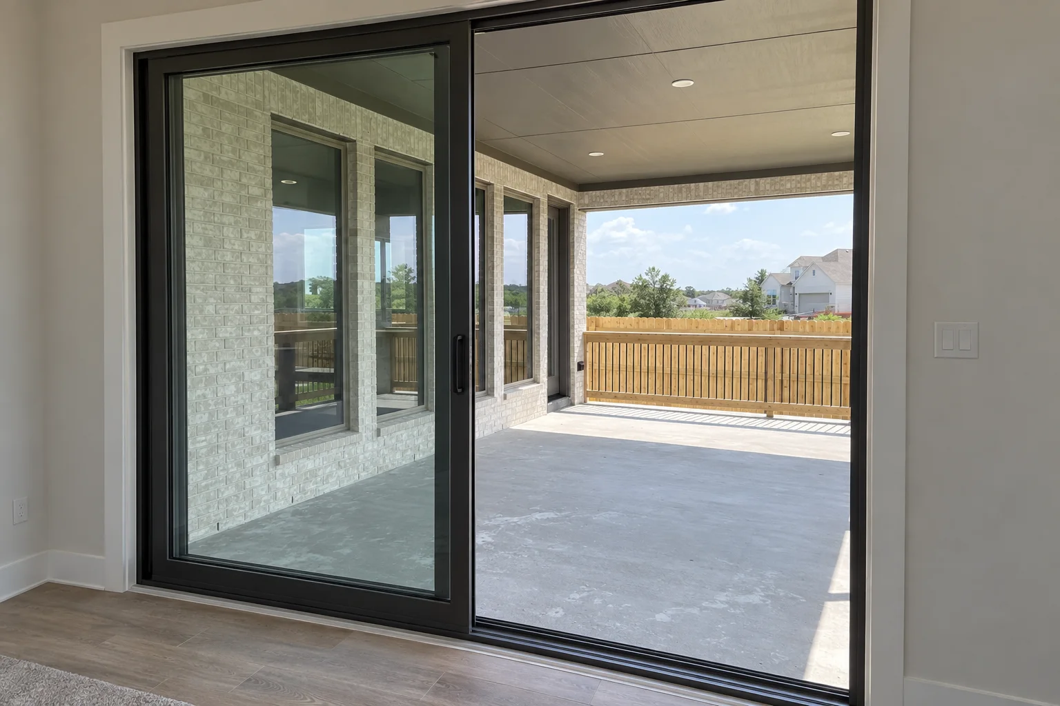 A sliding patio door opening onto a covered patio