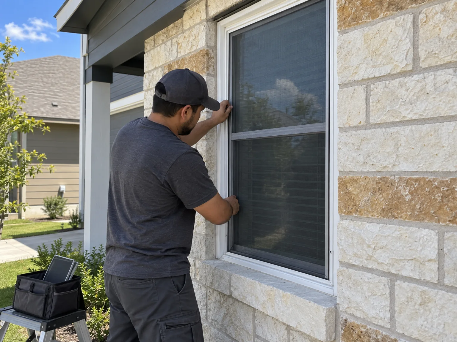 A technician fitting a new insect screen on the outside of a window