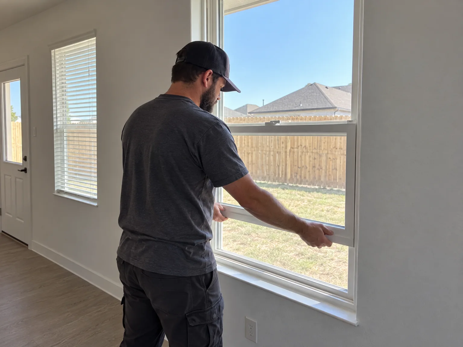 A technician adjusting the sash of a double-hung window