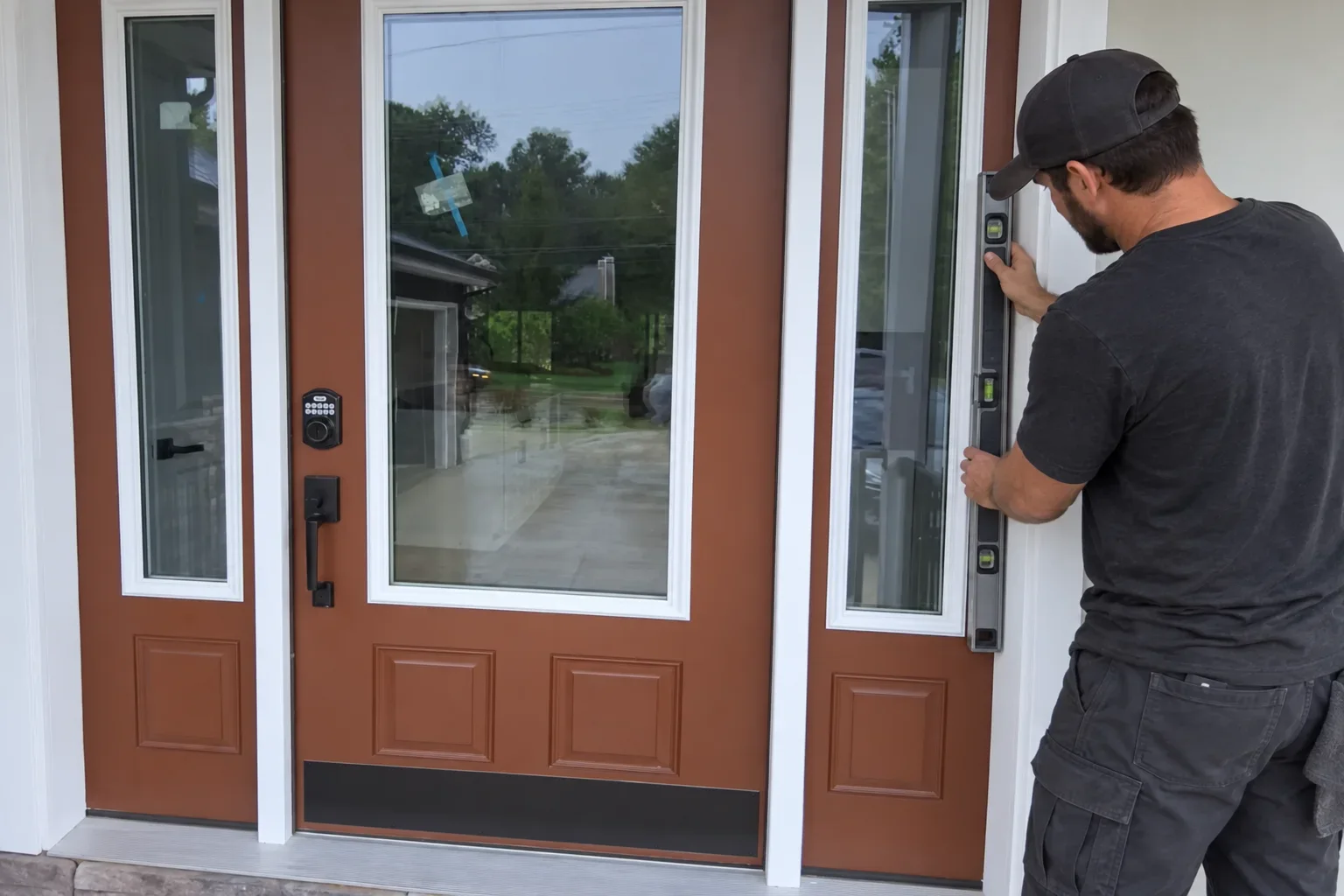 A technician checking an entry door frame with a level