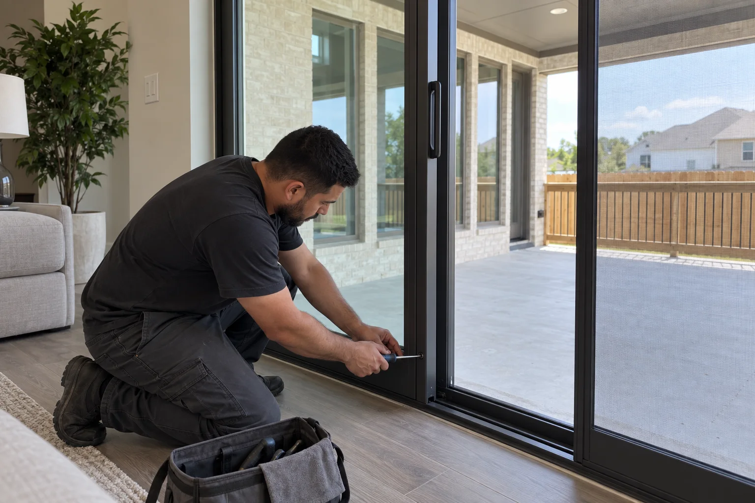 A technician adjusting the rollers of a sliding patio door
