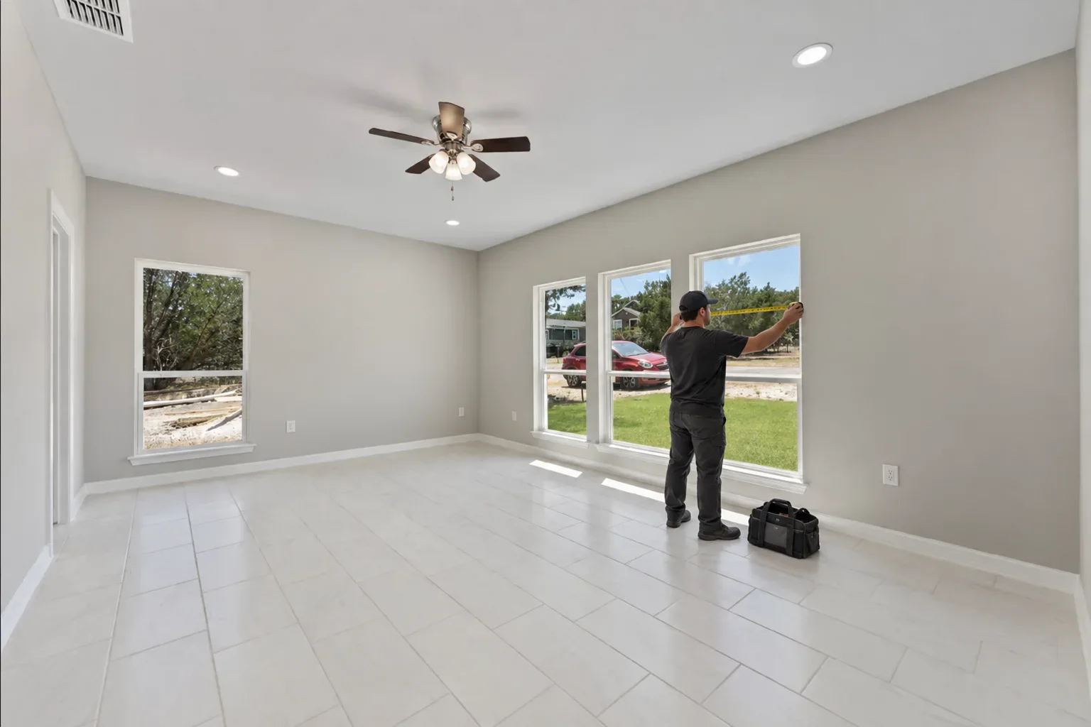 A technician measuring a window before replacement