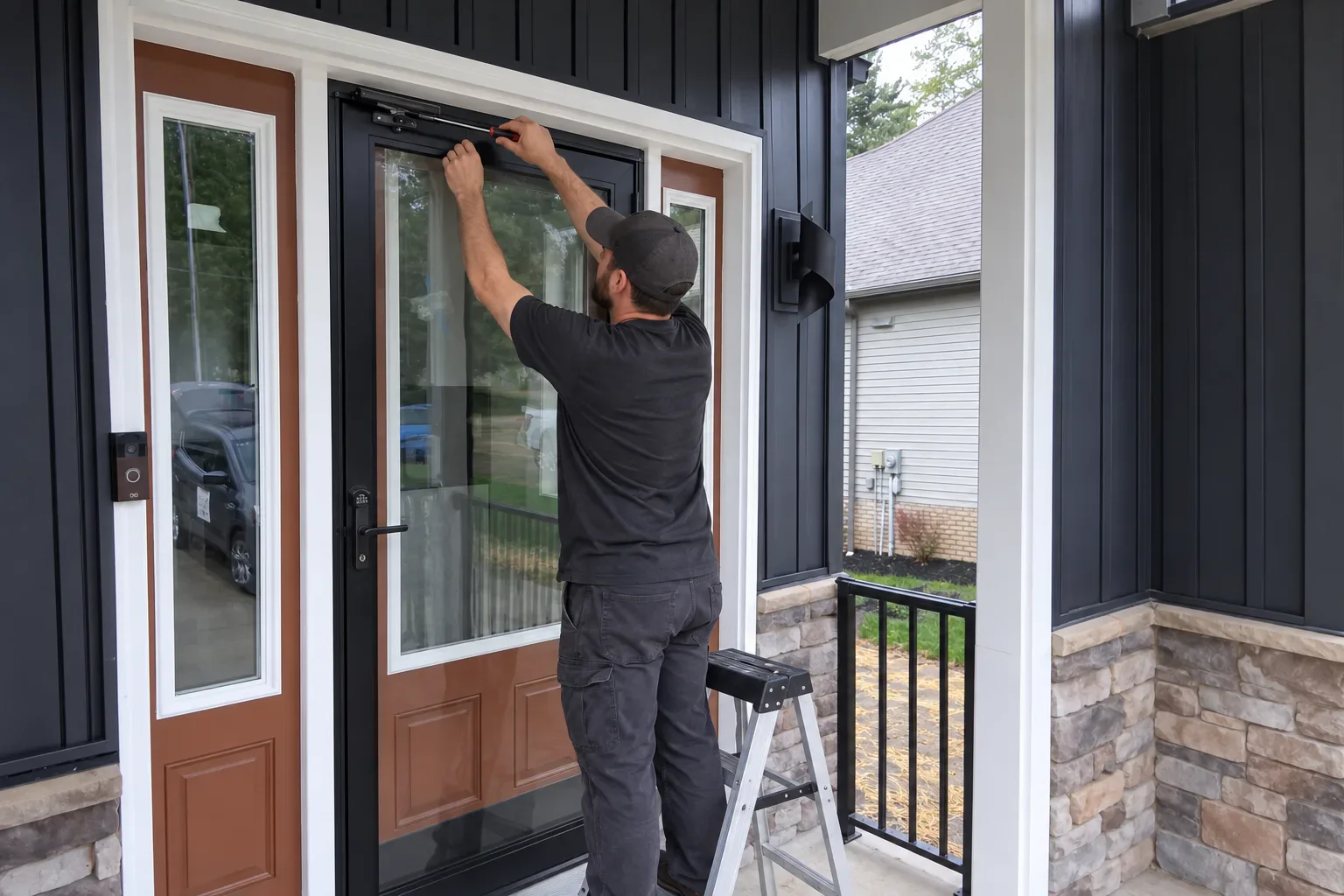 A technician adjusting the closer of a new storm door