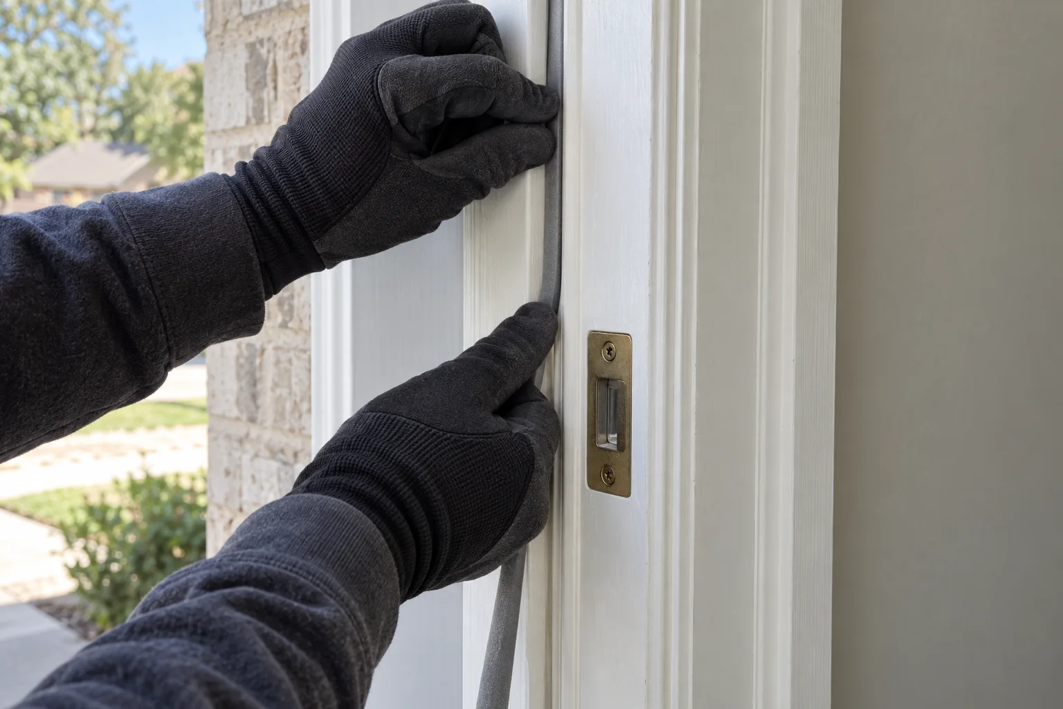 Hands pressing new weatherstripping into the stop of an entry door's frame