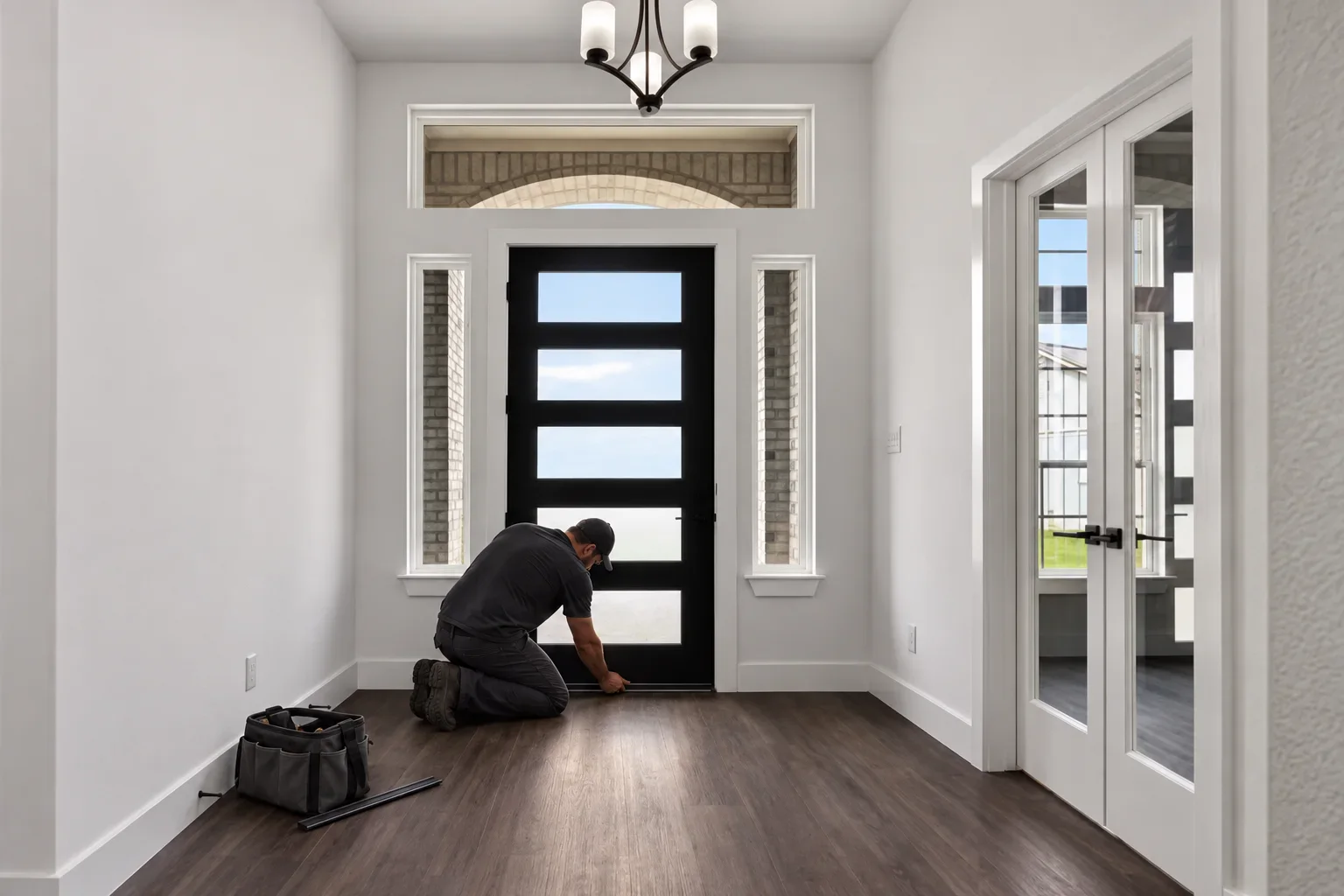 A technician fitting a new sweep to the bottom of an entry door