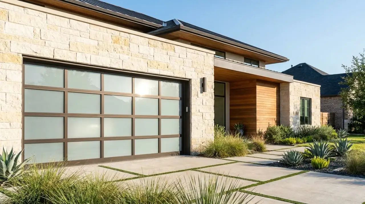 A full-view garage door of frosted glass panels in a bronze aluminum frame